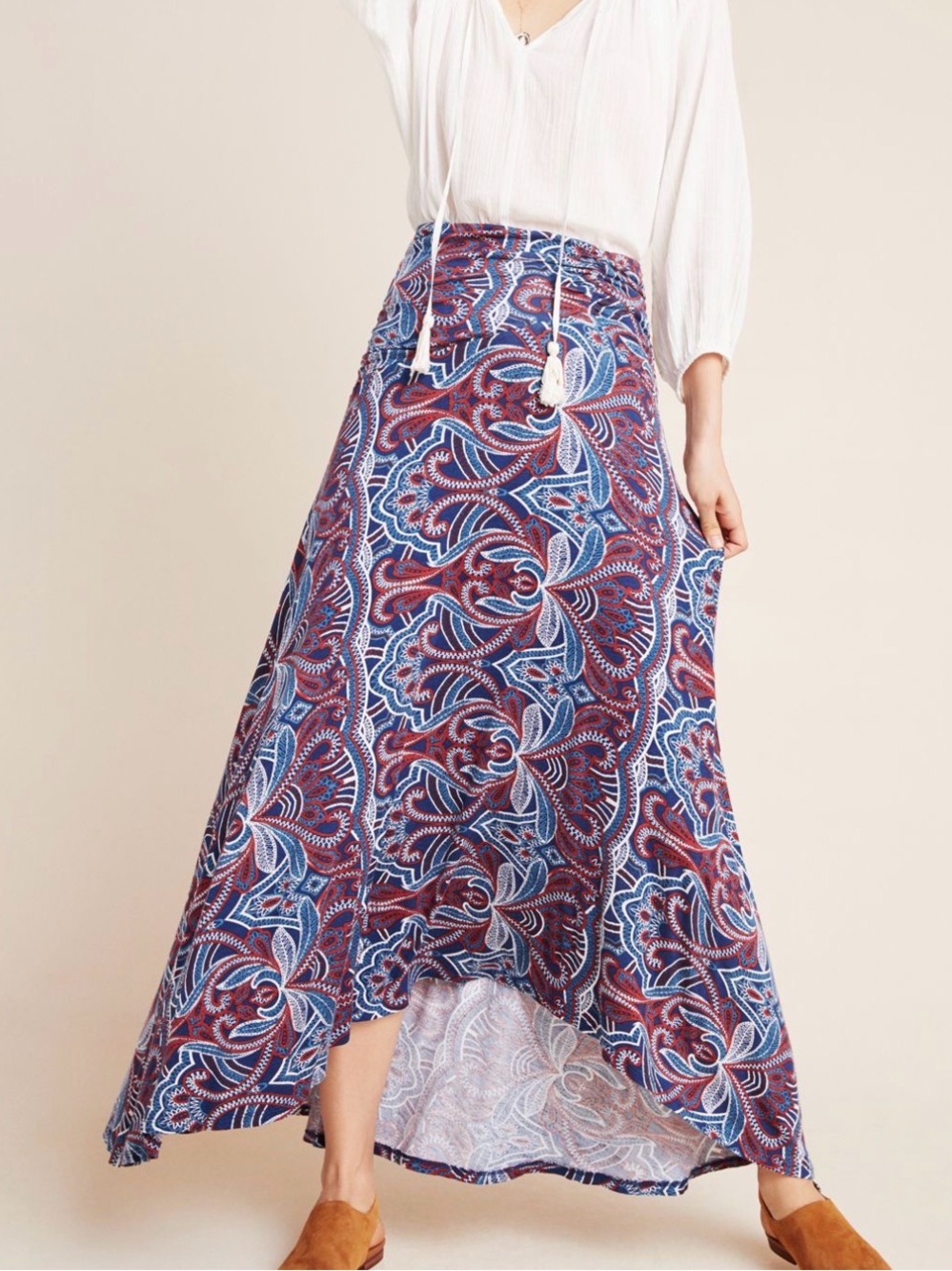 Maeve Anthropologie Melissa Paisley Maxi Skirt XL Maroon Blue
